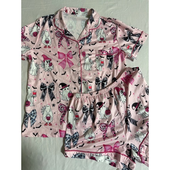 Unbranded Other - Pink Halloween Ghost Bow Pajama Set Short Sleeve Button Down Shorts Womens Large